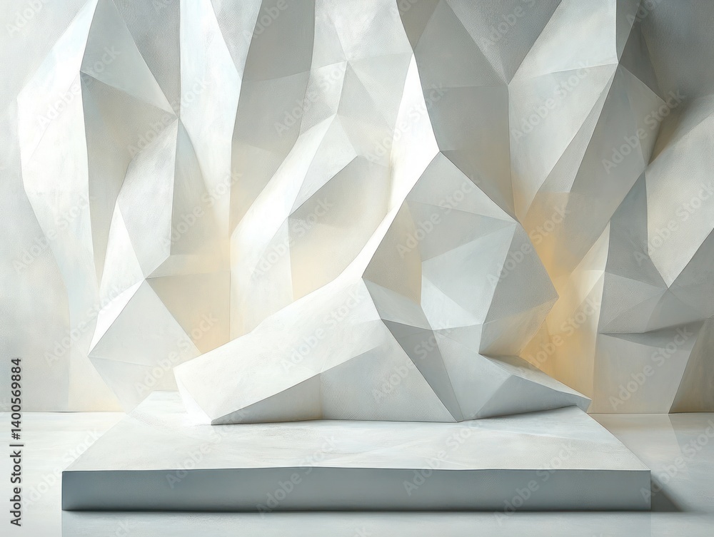 Poster geometric abstract art piece in monochromatic white and gray with architectural elements and diffuse