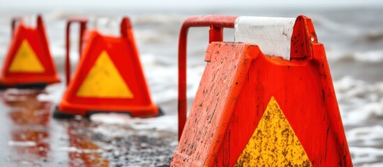Road safety measures with traffic cones installed for safety on a wet road