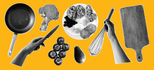 Set of cutout halftone collage elements of cooking theme. Frying pan, cutting board, avocado, tomatoes, broccoli, dish, hand holding a whisk and a knife isolated on yellow background.