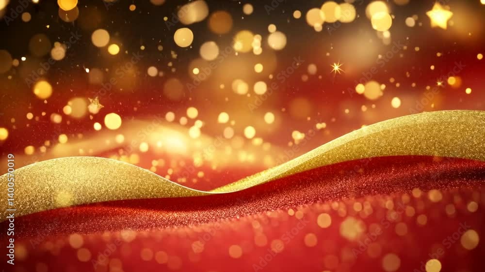Poster festive shimmer background with golden waves and sparkling bokeh lights