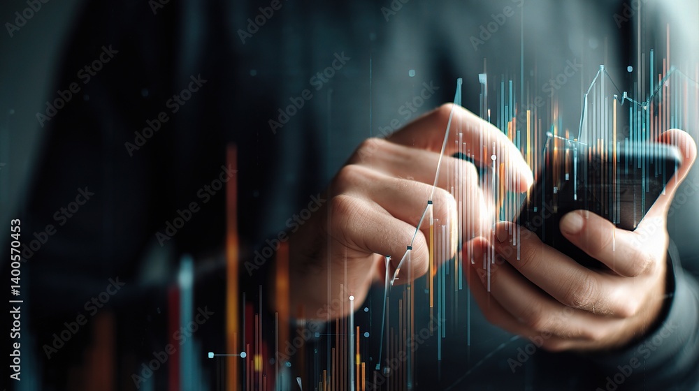 Poster double exposure of hands holding smartphone with data visualization