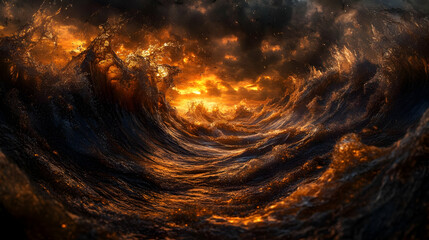 Golden Waves Crashing Under Dramatic Cloudy Sky at Sunset Creates an Abstract Seascape with Dynamic Motion and Natural Power
