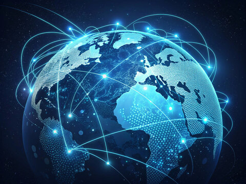 A stylized blue and white Earth is overlaid with a luminous network of lines and nodes, representing global internet and data flow