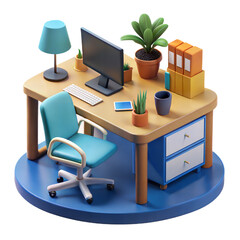 A 3D icon of a modern tech startup office desk setup with a computer, keyboard, chair, plants, and folders, isolated on a white background. Perfect for workspace and office concepts.
