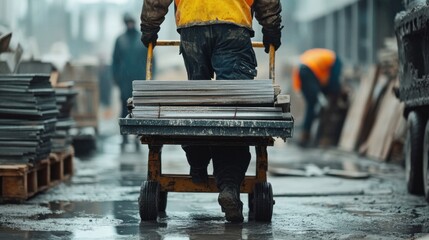Construction worker moving construction materials on a trolley. Featuring efficiency and strength