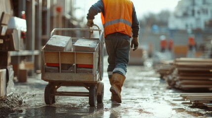 Construction worker moving construction materials on a trolley. Featuring efficiency and strength