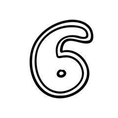 Stroke digit number six 6. Black font symbol in hand drawn doodle style. Vector illustration isolated on white background. For menu, presentation, branding, font, education, math.
