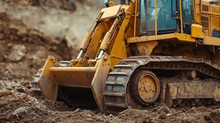 Fototapeta premium Construction worker operating a bulldozer to clear land. Featuring power and efficiency