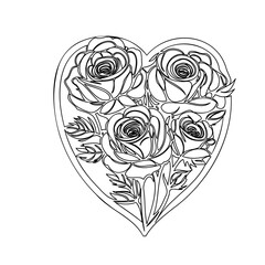 Elegant Roses Bouquet in Heart Frame Line Art