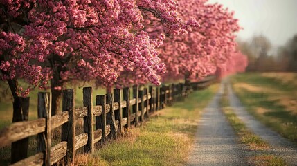 Fototapeta premium A picturesque country lane lined with blossoming pink trees and an old wooden fence.