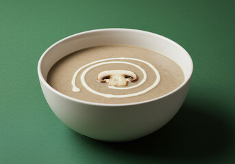 Creamy Mushroom Soup in White Bowl on Green Background