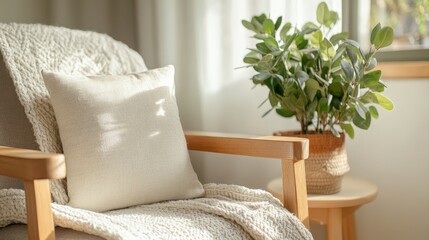 Cozy Living Room Decor with Soft Cushion and Natural Plant on Wooden Chair