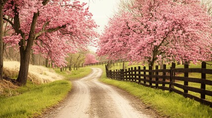 Naklejka premium A picturesque country lane lined with blossoming cherry trees in spring.