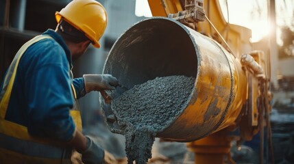 Construction worker operating a cement mixer on site. Featuring teamwork and machinery