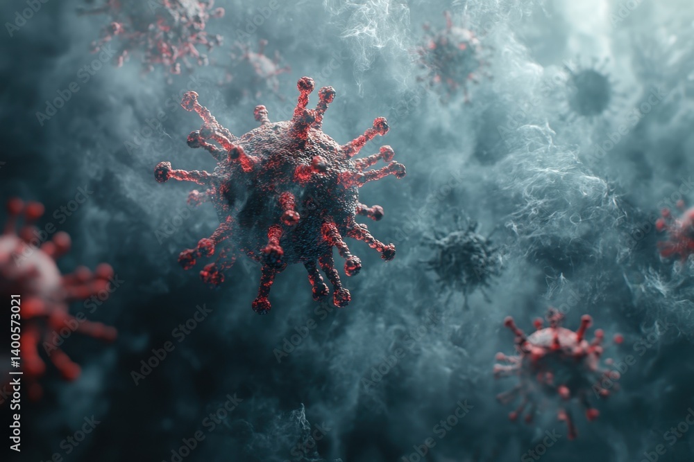 Poster the microscopic view of a virus in dark surroundings highlighting its surface features
