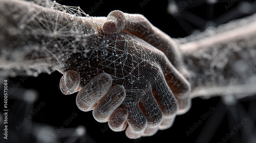 Poster abstract handshake with matrix style network elements in 3d render