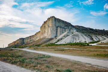 White rock mountain towering over Crimean peninsula landscape