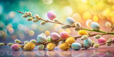 Obraz premium Delicate Willow Branch Close-Up with Pastel Easter Eggs & Blossoms