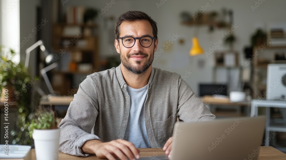 Poster young man smiling at camera while working from home with laptop in modern office setting