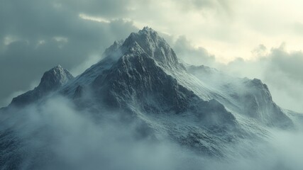 Obraz premium A majestic mountain peak shrouded in mist and clouds, snow-covered and remote.