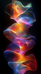 Naklejka premium Interlacing ribbon-like shapes glowing faintly on a pitch-dark canvas, cascading in rhythmic waves, soft specular highlights and elegant depth, top-lit perspective, high-res digital artwork