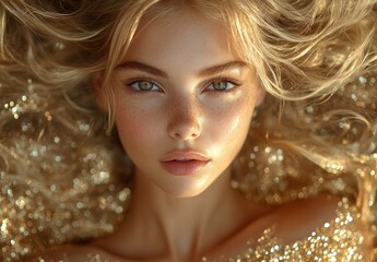 Glamorous blonde woman in sparkling gold dress in vibrant autumn garden