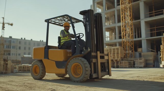 Construction worker operating a forklift to transport materials. Featuring efficiency and handling