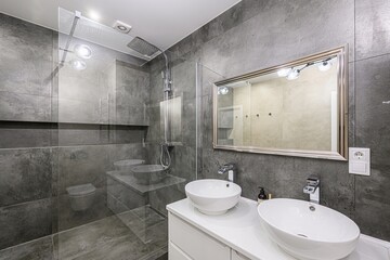 interior apartment room bathroom, sink, decorative elements, toilet