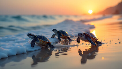 Baby Sea Turtles Crawling Towards the Ocean on a Sandy Beach at Sunset

