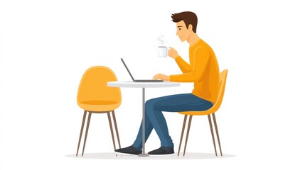 Fototapeta premium A young man sits at a table with a laptop, enjoying a cup of coffee, illustrating a casual work or study environment.