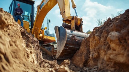 Fototapeta premium Construction worker operating an excavator for trench digging. Featuring power and precision