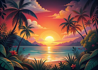 Obraz premium Dark Pop Art Tropical Sunset Beach Wallpaper: Jungle Fantasy Scene