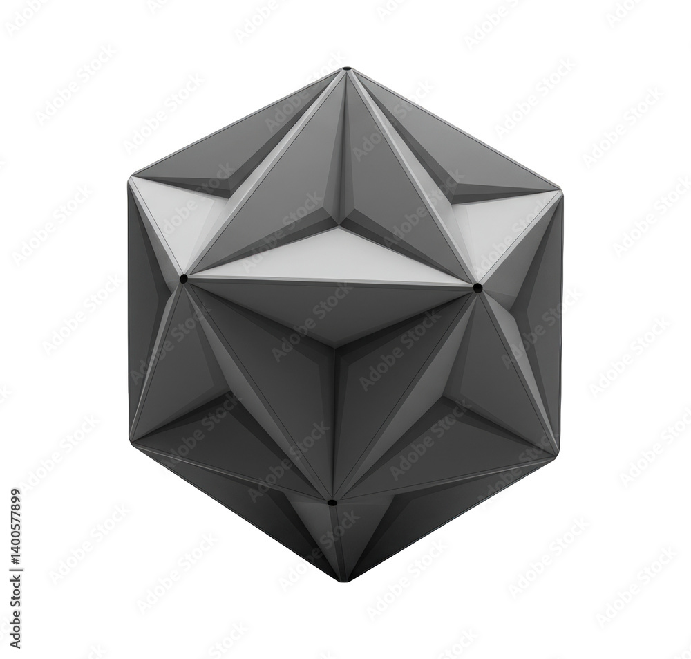 Poster a modern geometric black and white design featuring a symmetrical polyhedral shape with sharp edges 
