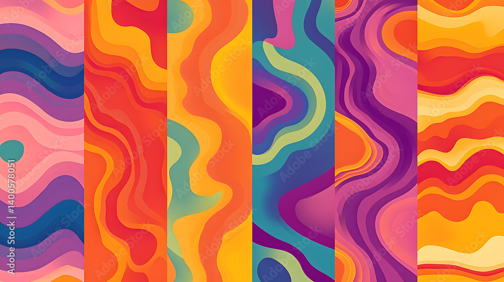 Poster colorful abstract waves in vibrant hues, creating a dynamic and lively pattern.