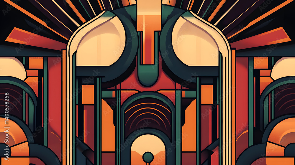 Poster a vibrant abstract composition featuring geometric shapes and warm colors creating a dynamic visual 