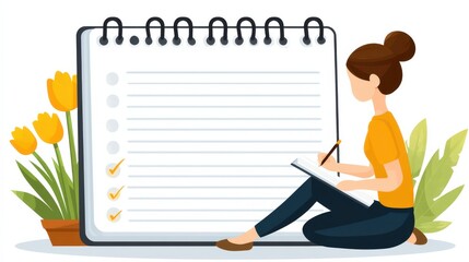 Fototapeta premium A young woman sits beside a large notepad, writing notes, with vibrant flowers in view, symbolizing creativity and organization.