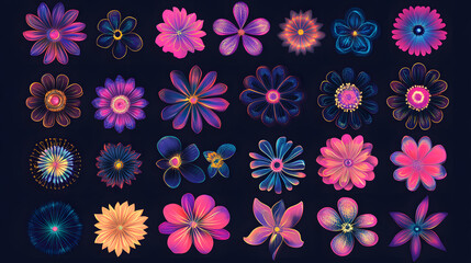 A vibrant collection of 24 illustrated flowers in vivid colors, showcasing intricate designs and diverse shapes against a dark background.