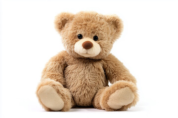 Fototapeta premium Soft teddy bear sitting on a white background inviting warmth and comfort for children of all ages