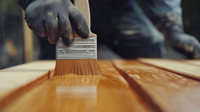 Construction worker painting a wooden surface for finishing. Featuring skill and precision