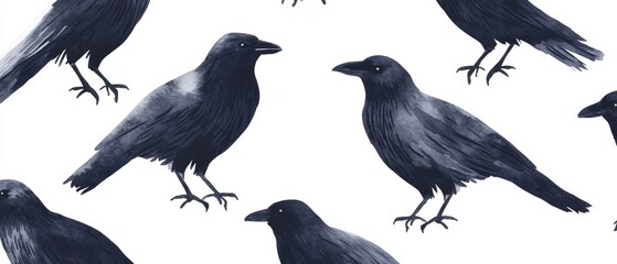 Obraz premium A group of black birds are shown in a pattern on a white background