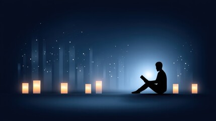 Fototapeta premium A serene silhouette of a person reading amidst glowing candles and ethereal light, evoking a sense of tranquility and reflection.