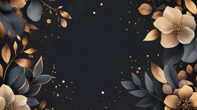 Elegant floral frame with golden accents on a dark background, perfect for invitations and art designs.