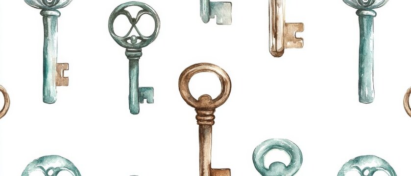 A collection of keys with a blue and brown design