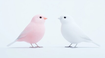 Fototapeta premium Pink and White Birds Minimalist Style High-Definition Soft Lighting Front View Feathery Textures Gentle Encounter White Background Pastel Hues Ideal for Romance Themes