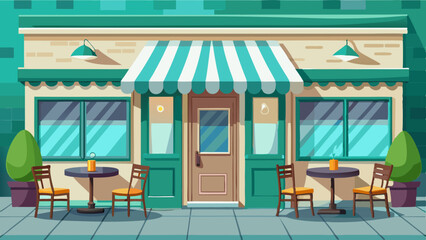 Fototapeta premium Cozy cafe storefront with mint green facade and blank awning, stylish chairs and tables on concrete street background, concept of advertising or mockup. 