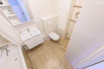 interior apartment room bathroom, sink, decorative elements, toilet