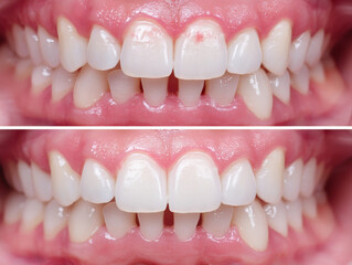 Obraz premium Before and after of teeth showing plaque buildup and improved dental hygiene, highlighting importance of oral care