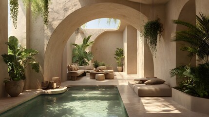 The serene villa courtyard features a hot spring pool, beige archway, minimalist living space, tropical plants, and natural daylight, creating a peaceful biophilic atmosphere.  
