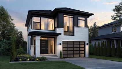 Modern two-story home with clean lines and contemporary design.  Features large windows, a black roof, and white siding