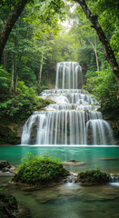 Fototapeta premium Erawan Falls: Thailand's Emerald Cascade in Lush Jungle Paradise | Nature Escape & Serene Beauty